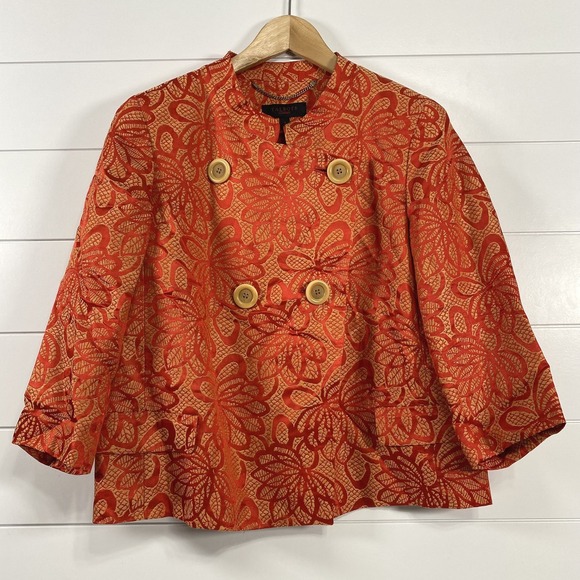 Talbots Collection Womens Double Breasted Floral Embroidered Blazer 8 Red Gold - Picture 1 of 12